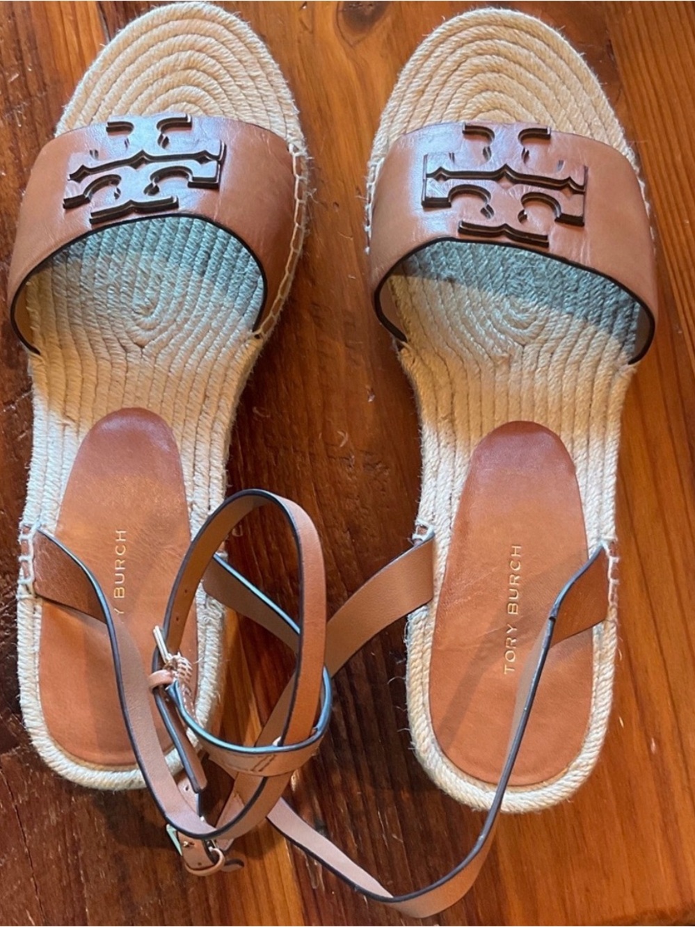 Tory Burch Tan Leather Logo Espadrille Sandals